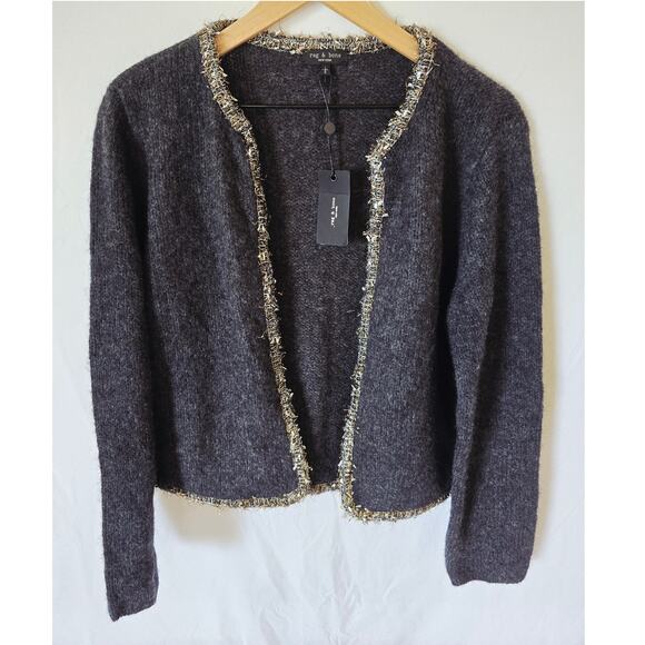 Rag & Bone Wool Davies Sweater L Gray Metallic Trim Crewneck Cardigan NWT - Picture 3 of 7
